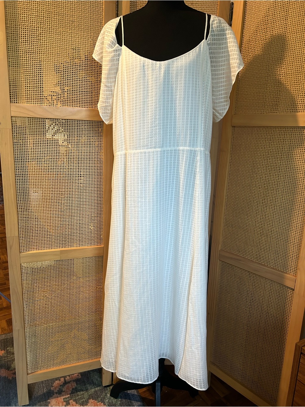 Halston White 100% Cotton Windowpane Midi Dress Ruffle Cap Sleeve Size 14